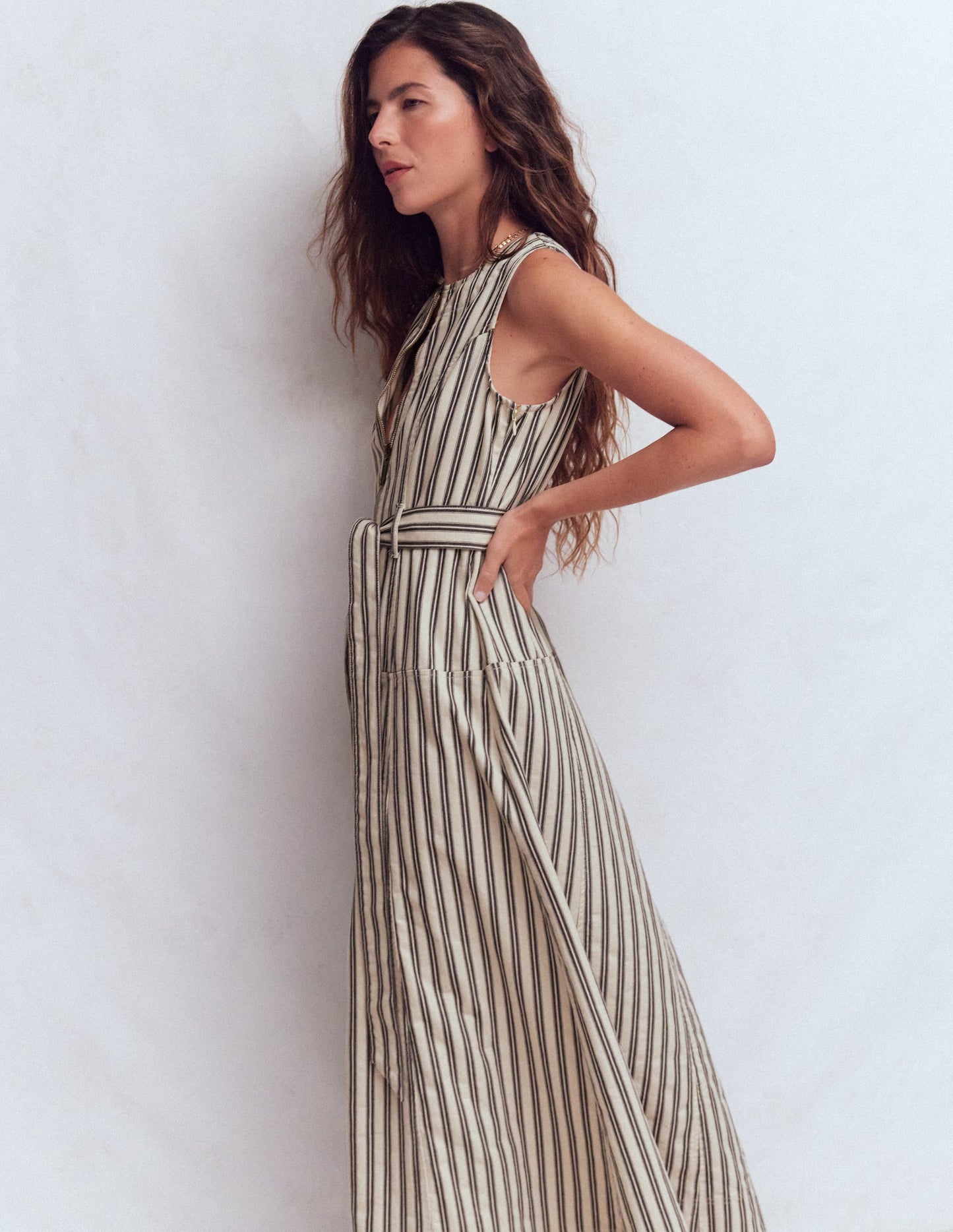 Sleeveless Zip Denim Dress-Ivory and Navy Stripe