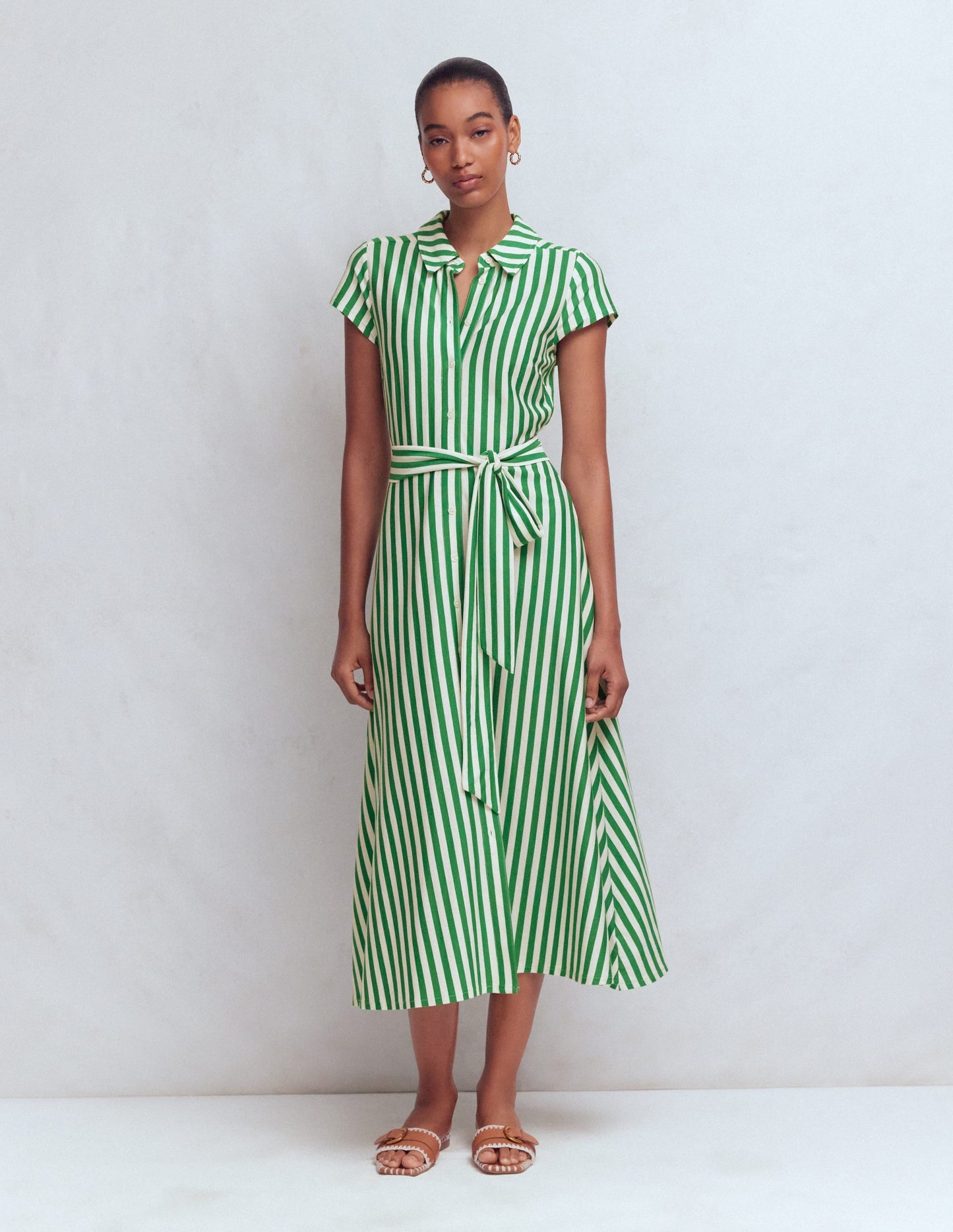 Marcia Jersey Shirt Dress-Green and Ivory Stripe