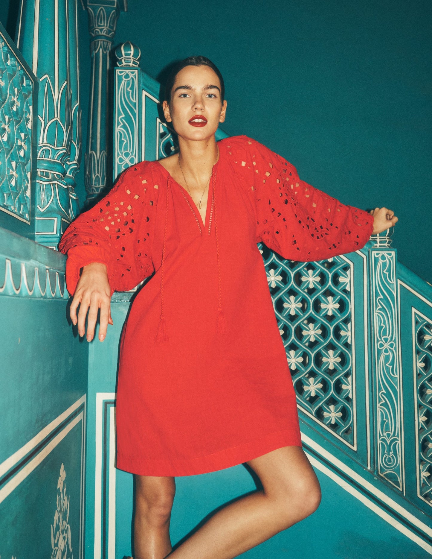 Embroidered Sleeve Kaftan-Red Embroidery