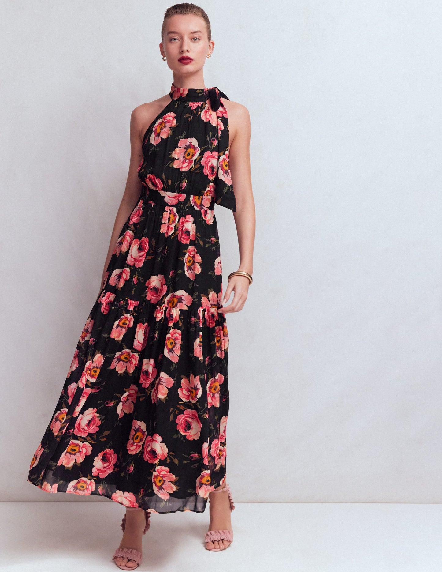 Roisin Tie Neck Maxi Dress-Black Whimsical Roses