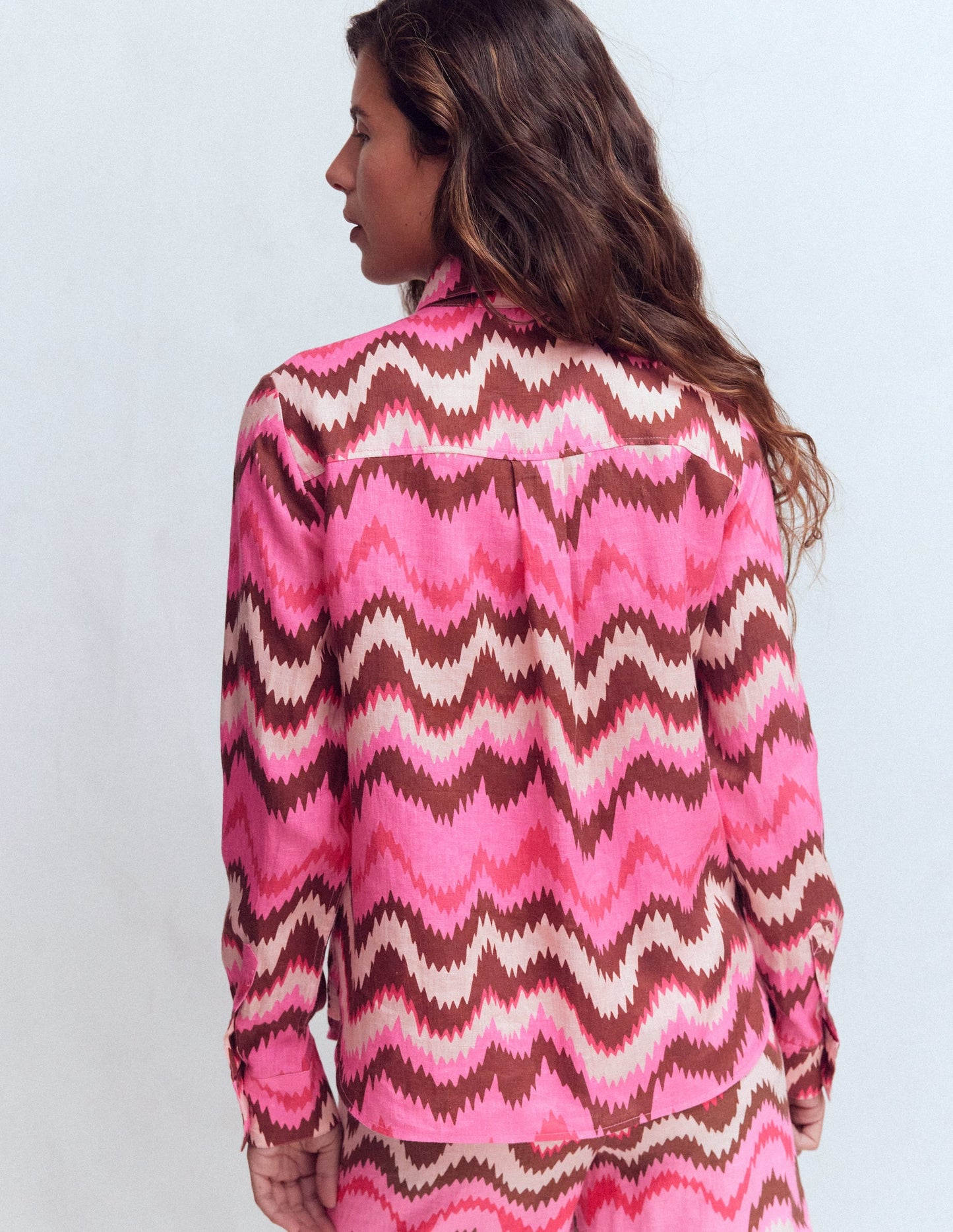 Sienna Linen Shirt-Pink Punch, Zig Zag Wave