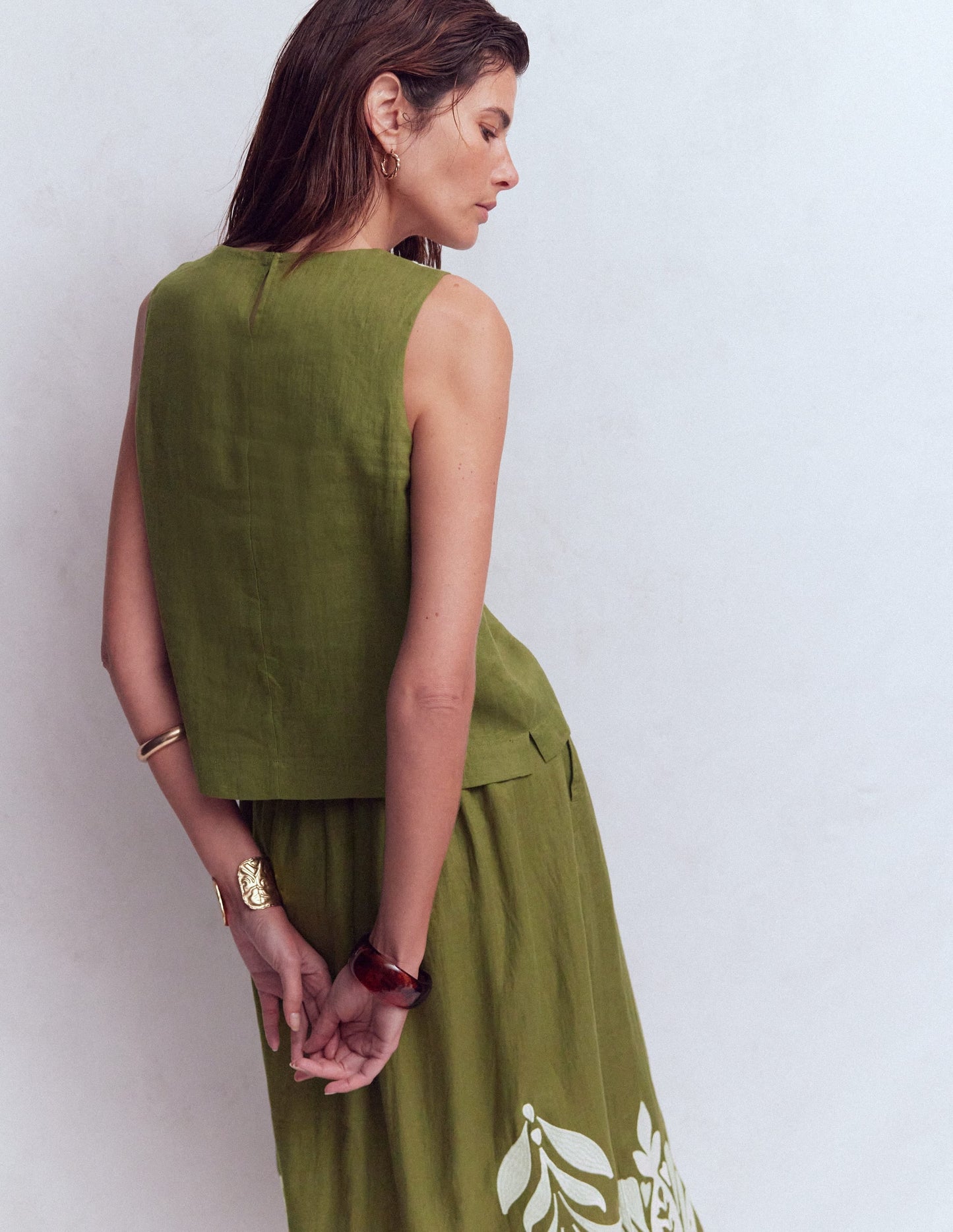 Sofia Embroidered Linen Top-Woodland Green