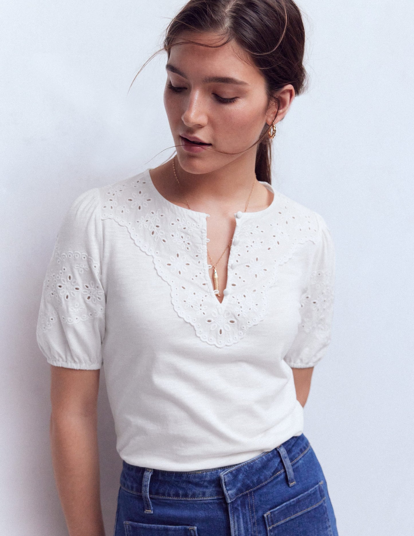 Ada Broderie Mix Top-White