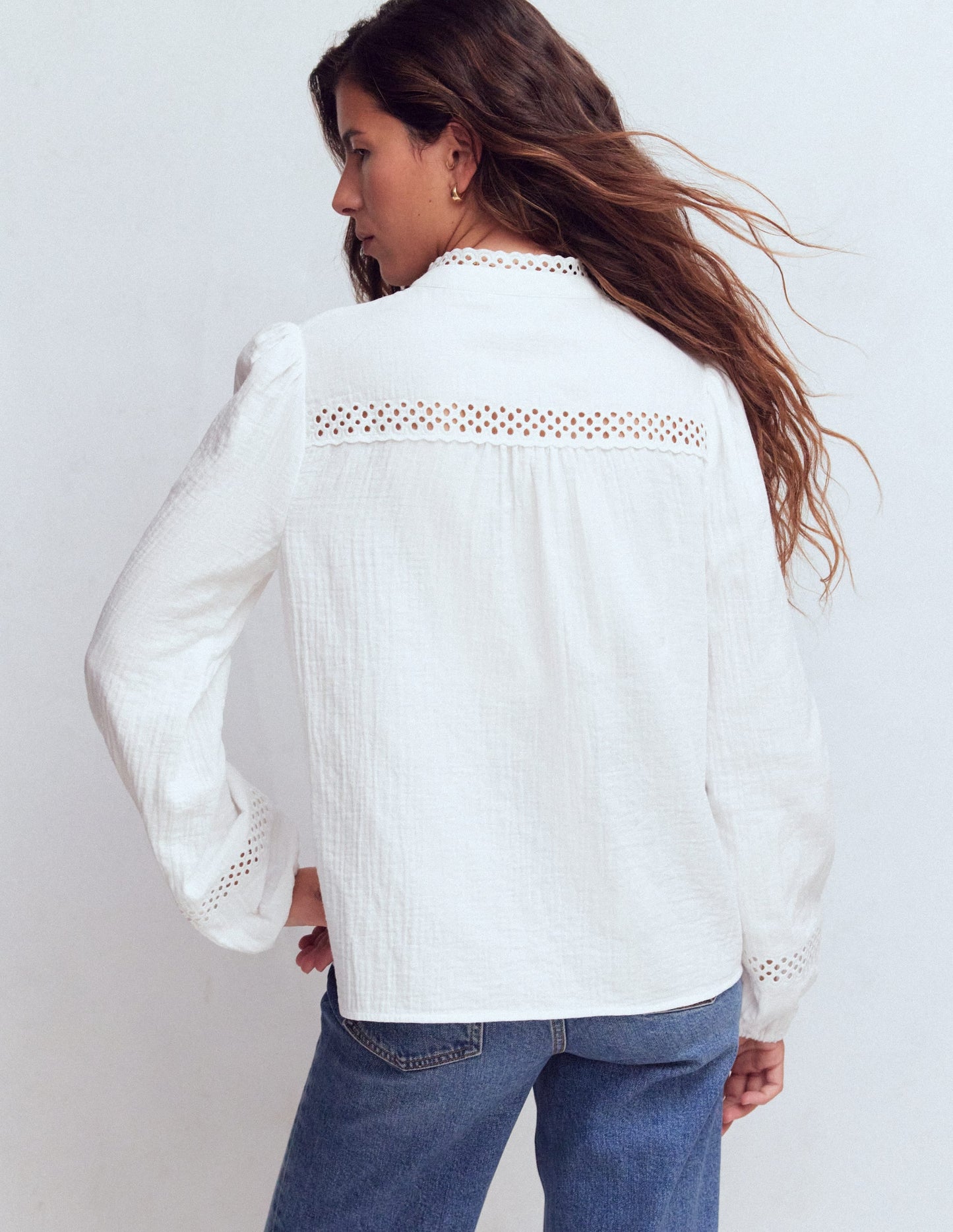 Trim Detail Double Cloth Top-White