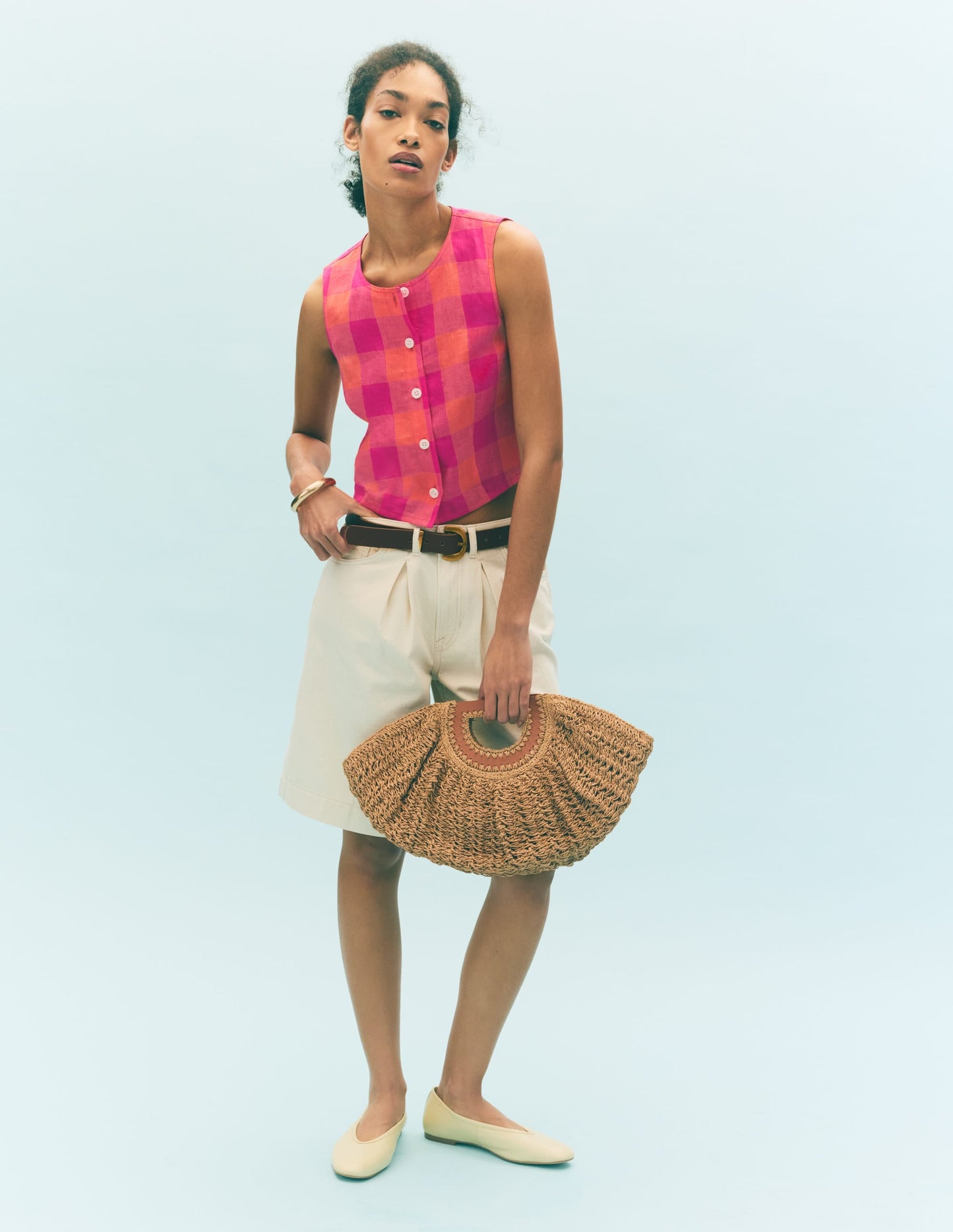 Andrea Linen Shell Top-Zesty Orange, Pink Gingham