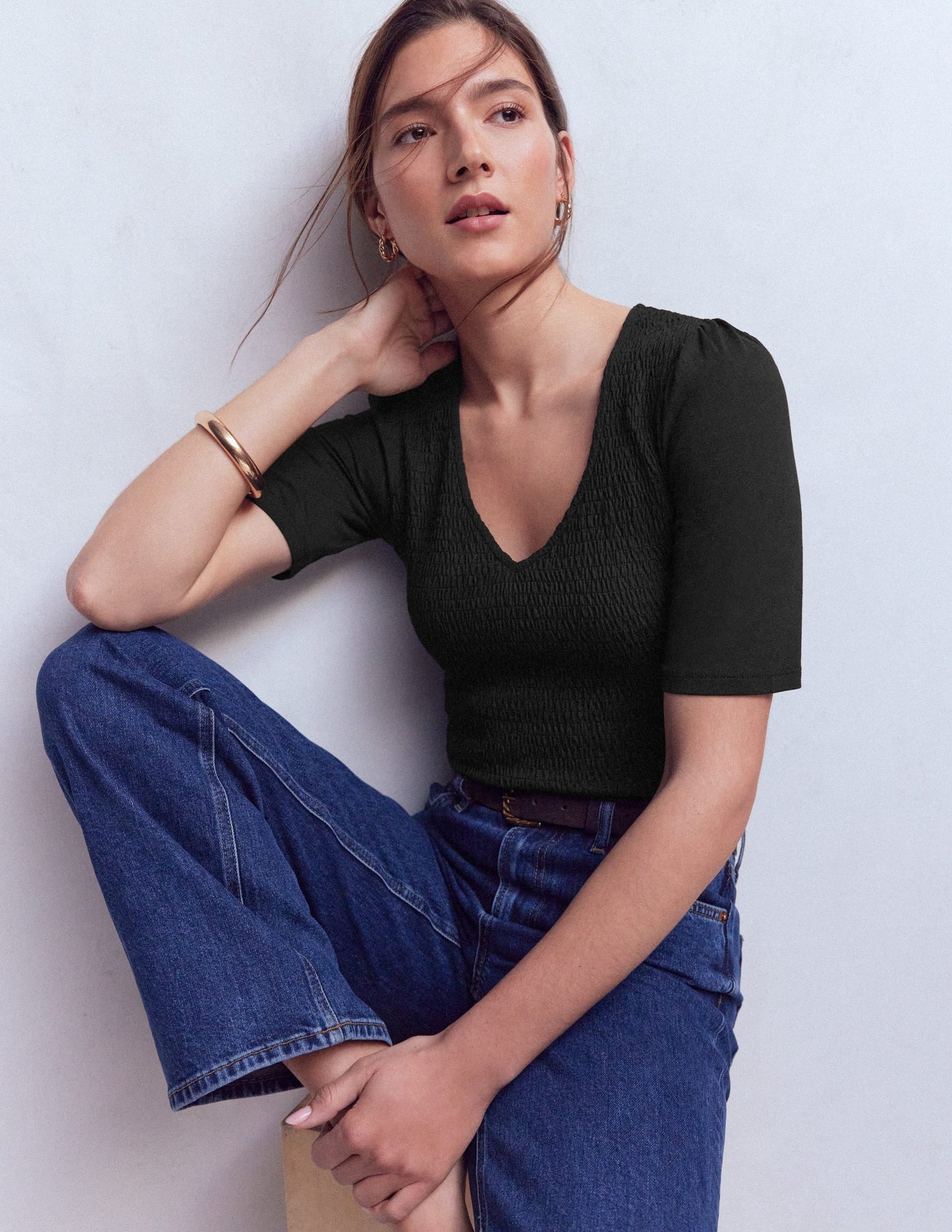Smocked V Neck Top-Black