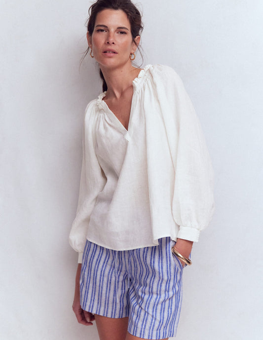 Serena Pleat Neck Linen Top-White
