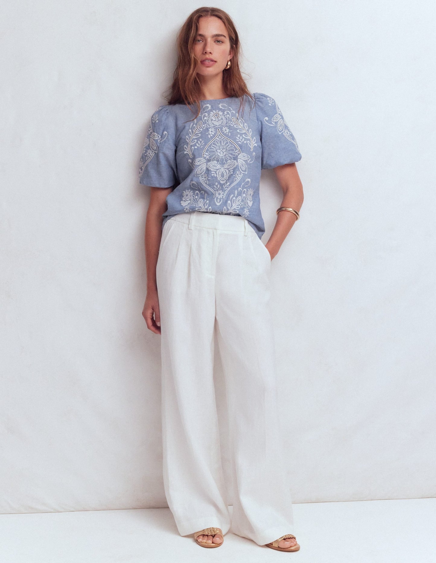Linen Puff Sleeve Top-Chambray