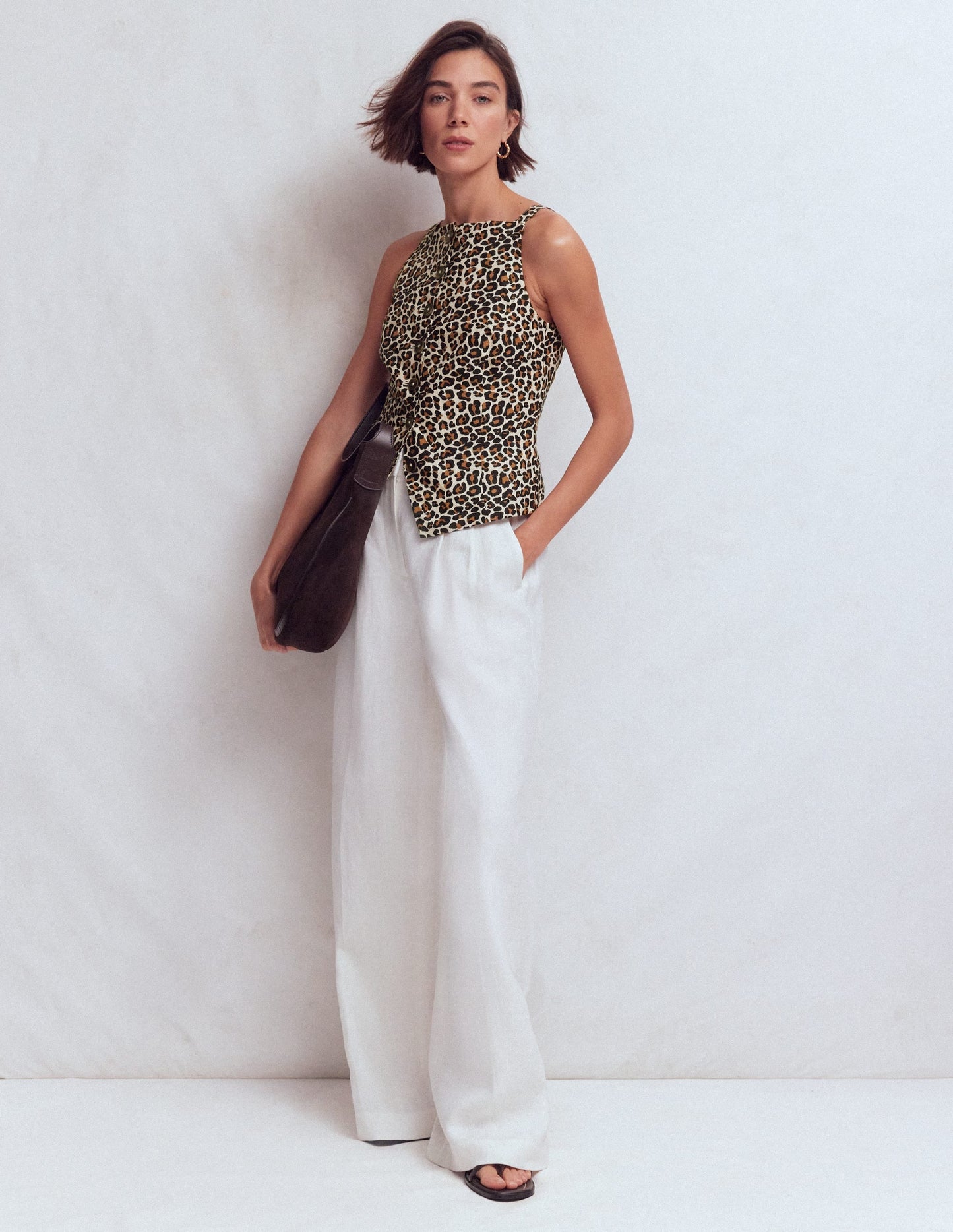 Square Neck Linen Waistcoat-Leopard Print