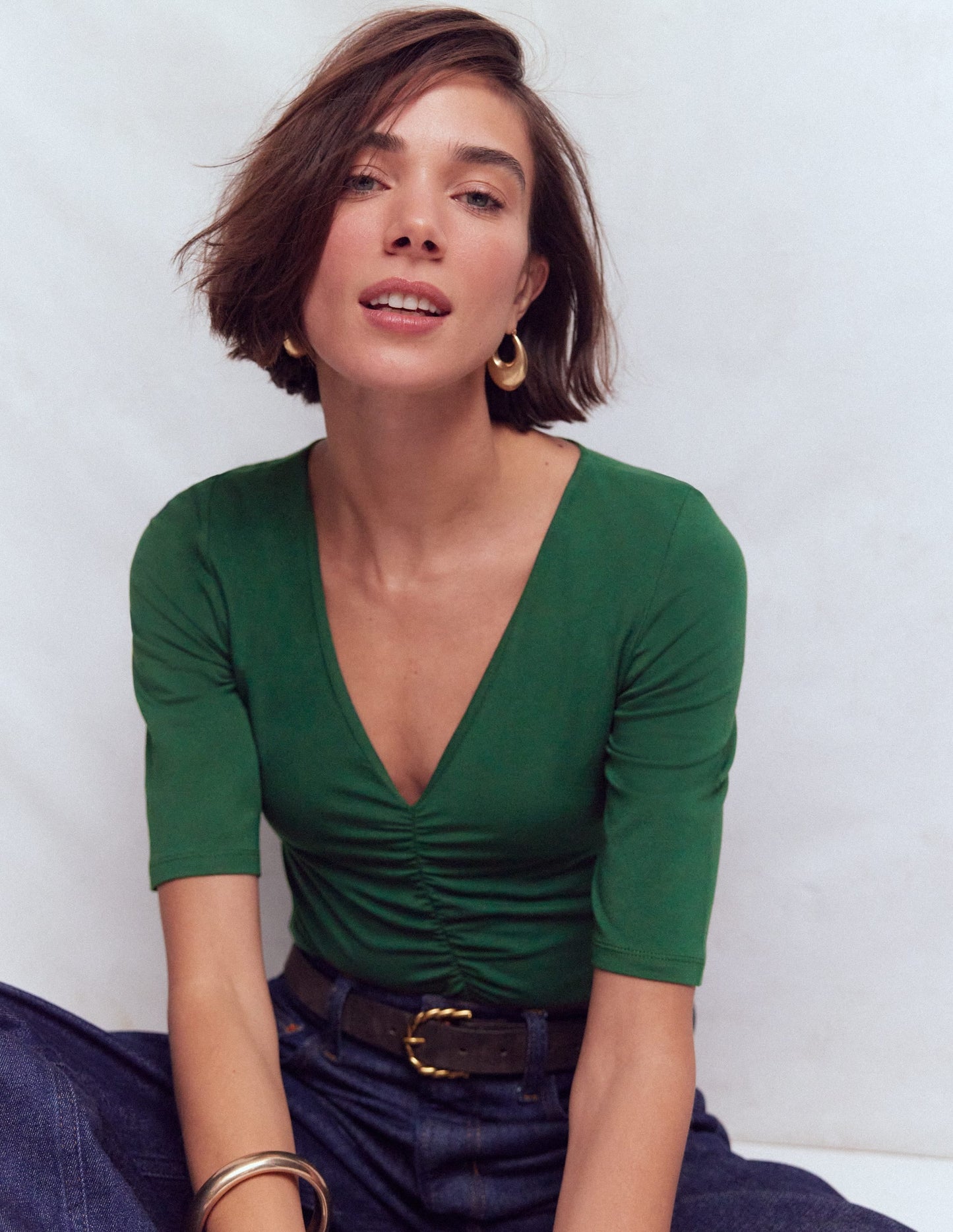 Tia Ruched V-neck Top-Hunter Green