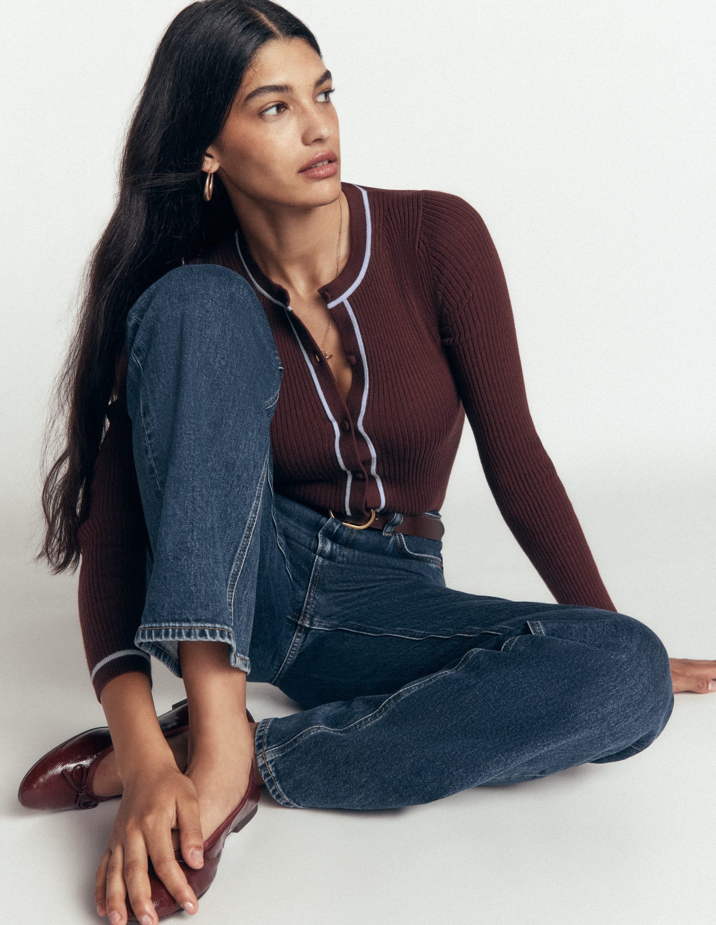 Paula Ribbed Crew Cardigan-Bitter Chocolate