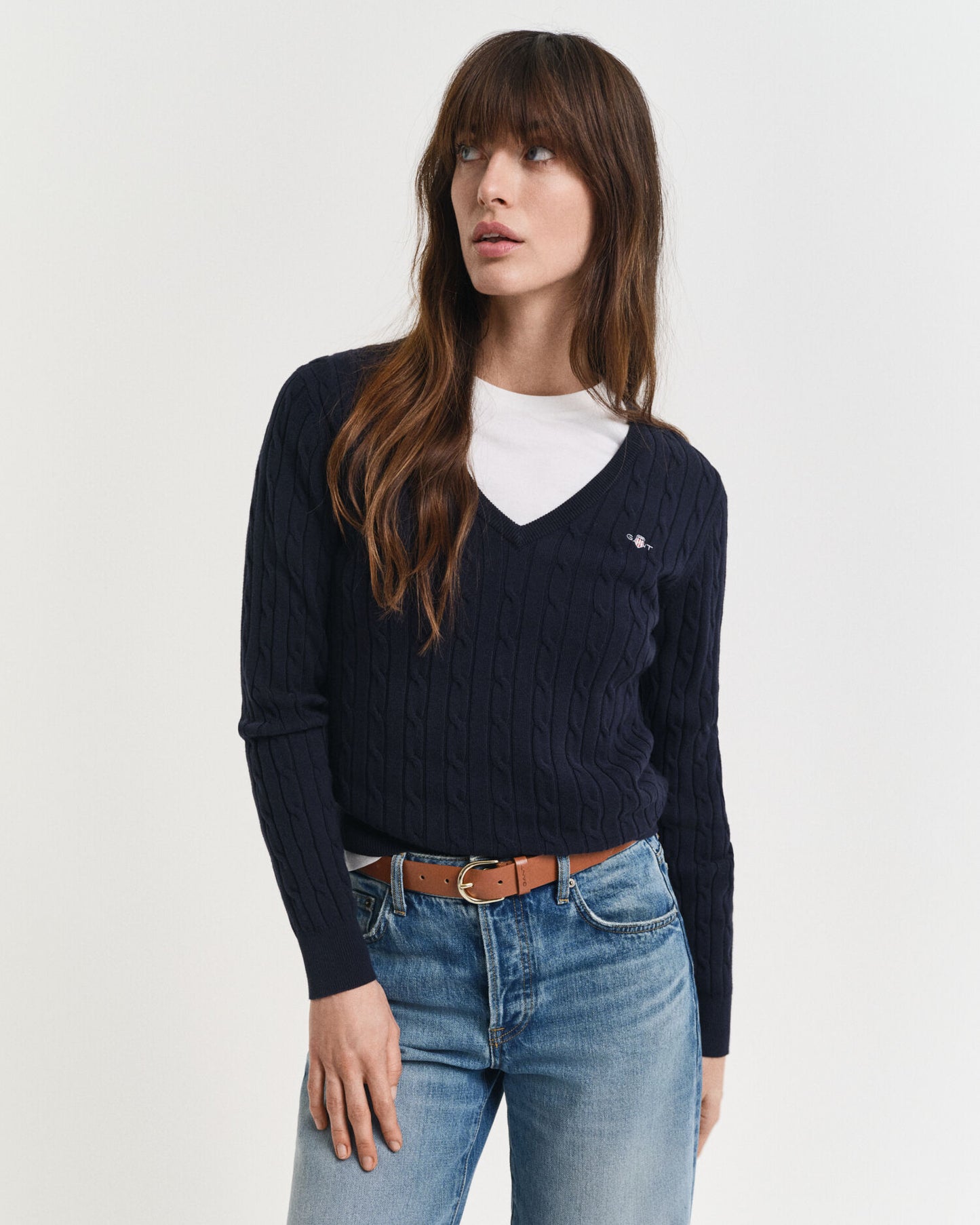 Pull Col V en Tricot Torsadé de Coton Extensible