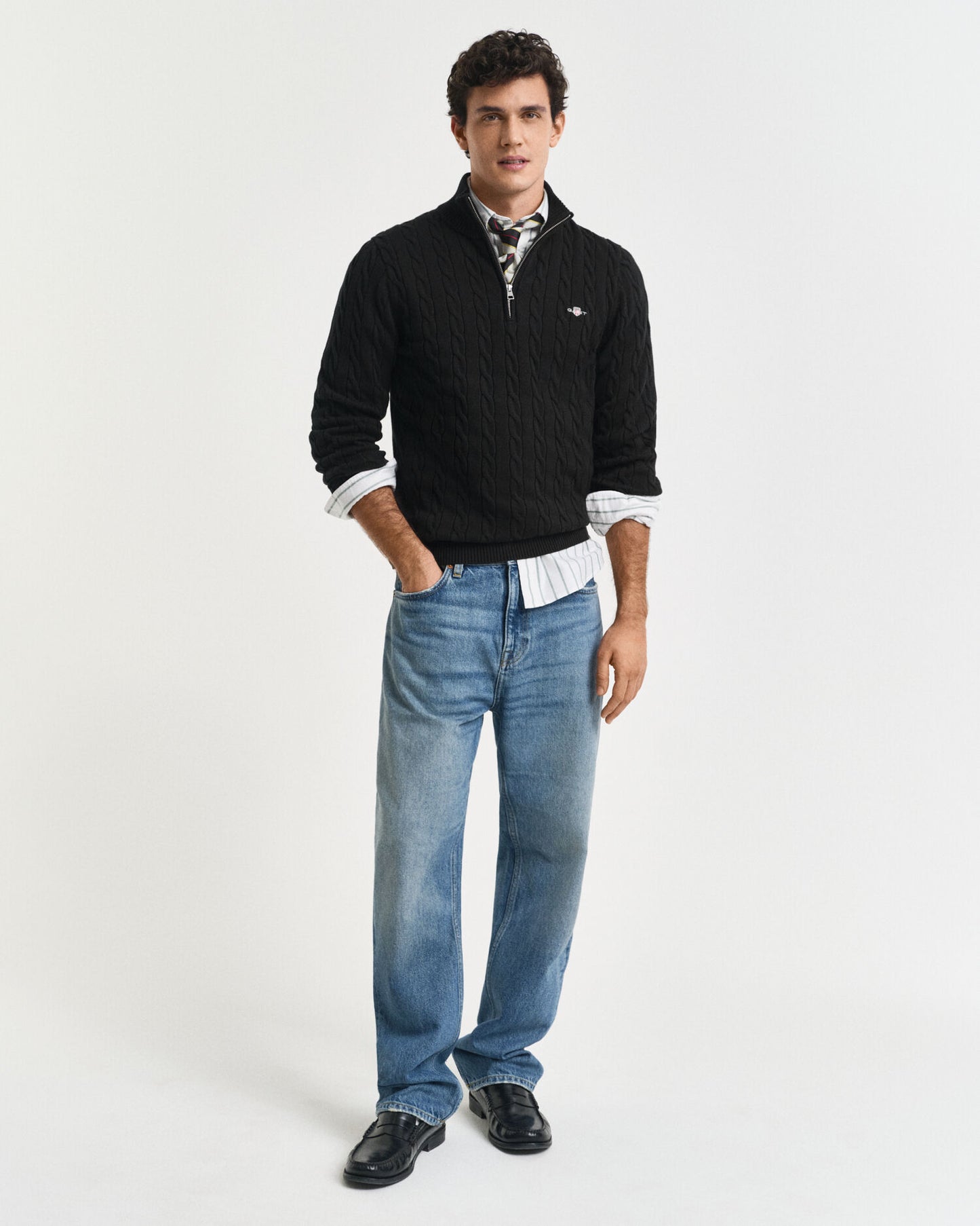 Baumwoll-Half-Zip-Pullover mit Zopfmuster