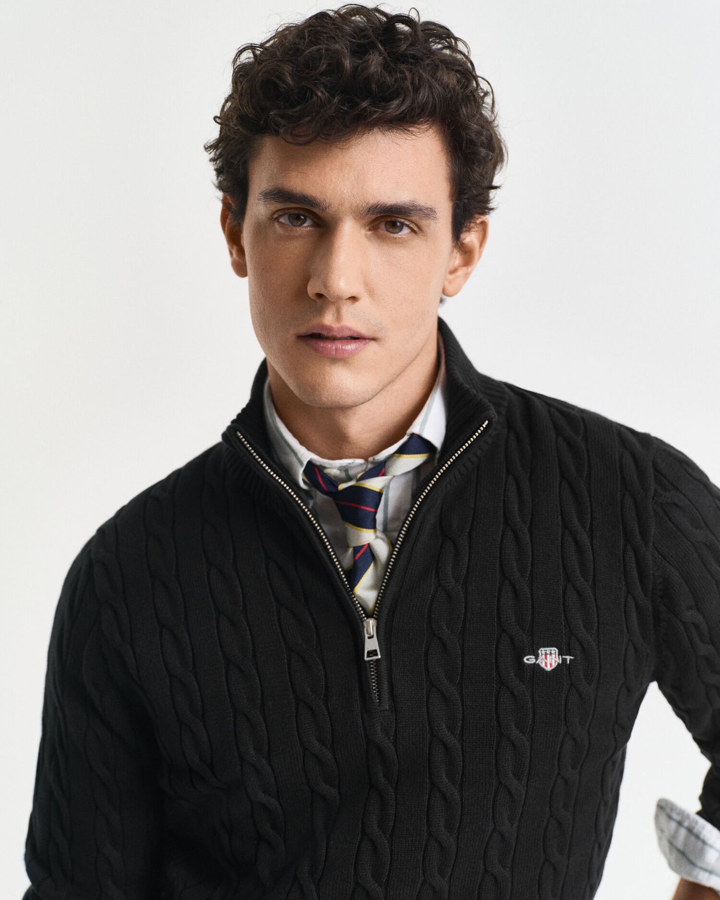 Baumwoll-Half-Zip-Pullover mit Zopfmuster