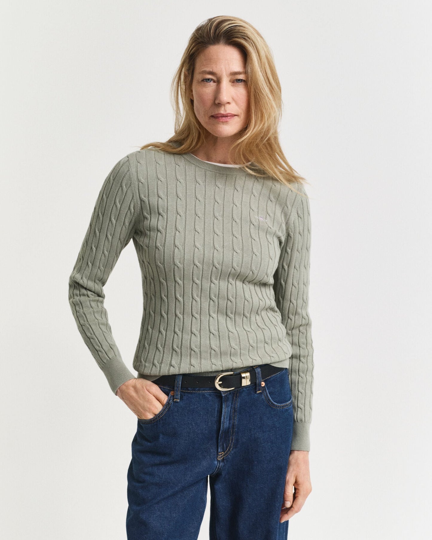 Pullover mit Rundhalsausschnitt aus Stretch-Baumwollzopfstrick