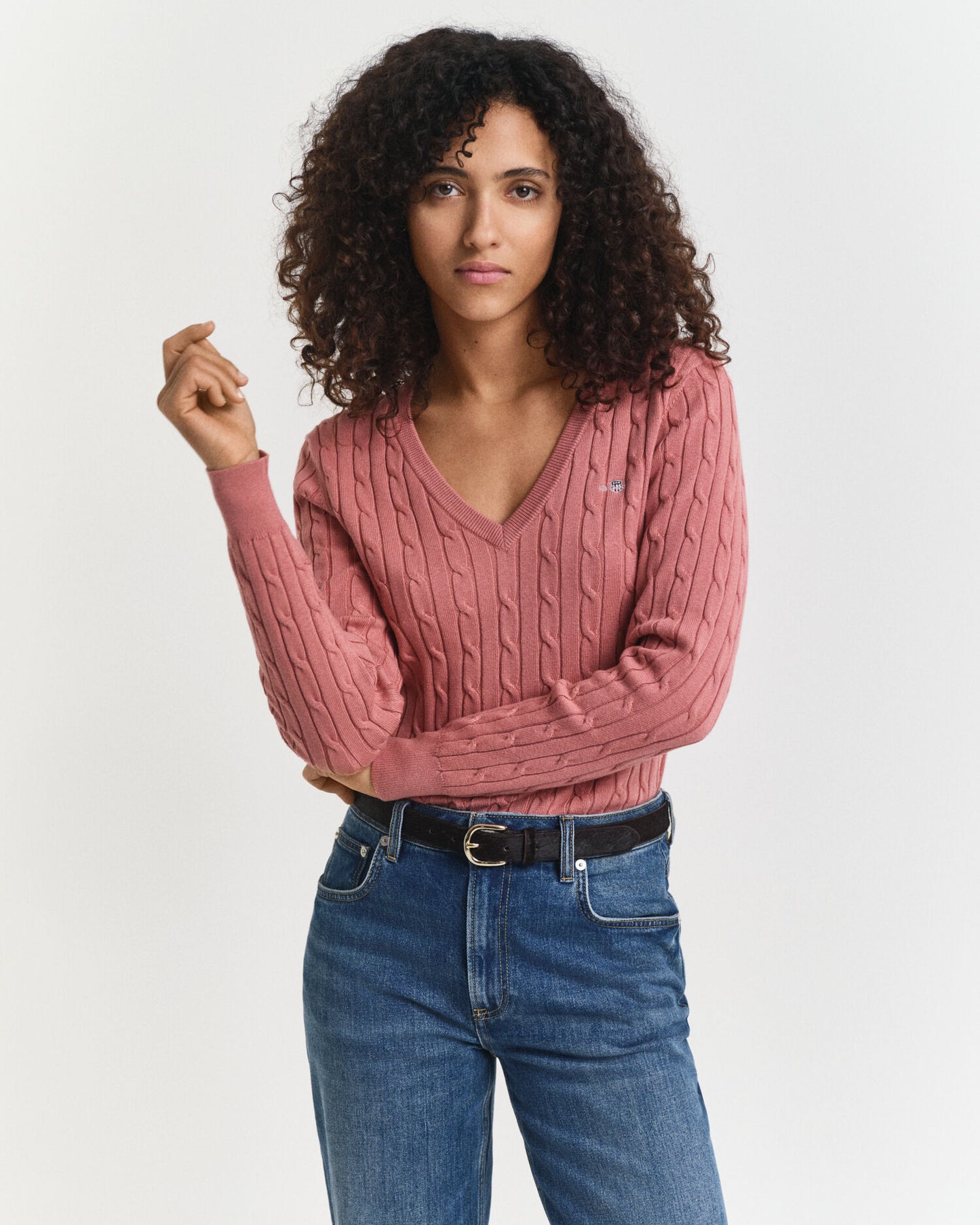 Pull Col V en Tricot Torsadé de Coton Extensible