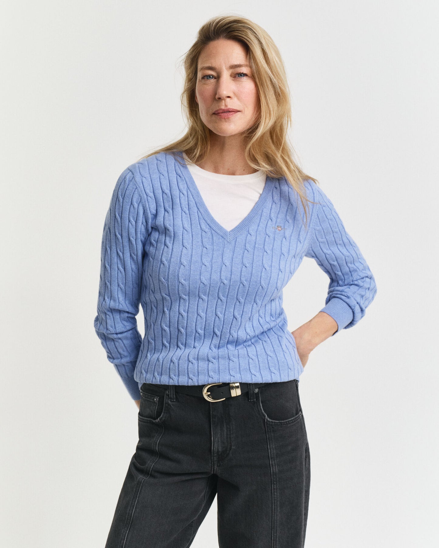 Pull Col V en Tricot Torsadé de Coton Extensible