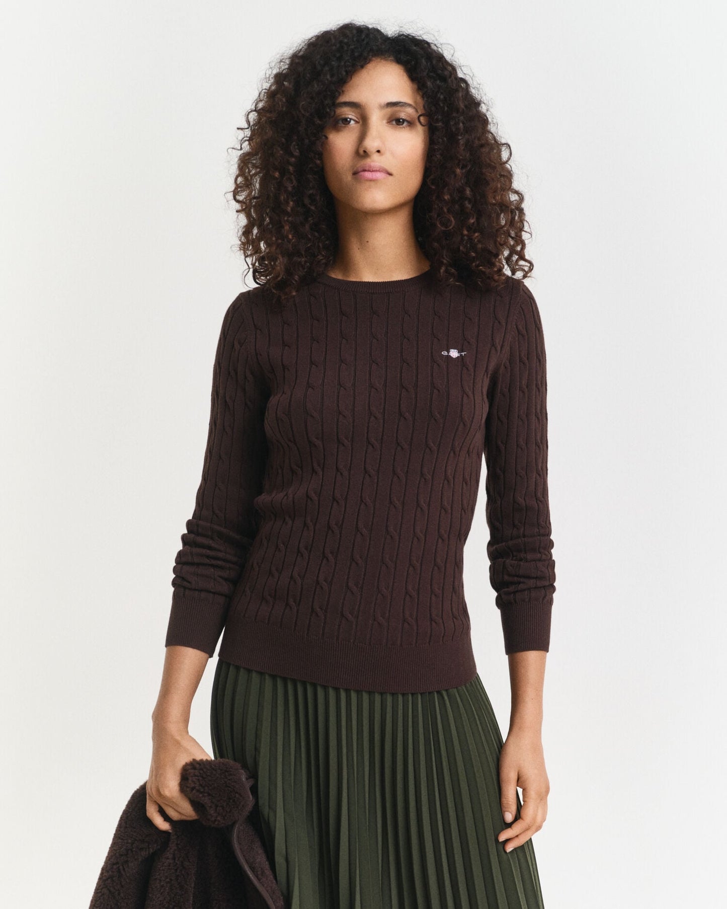 Pullover mit Rundhalsausschnitt aus Stretch-Baumwollzopfstrick