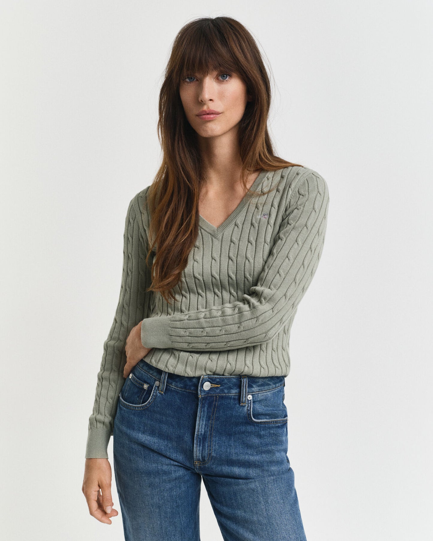 Pull Col V en Tricot Torsadé de Coton Extensible