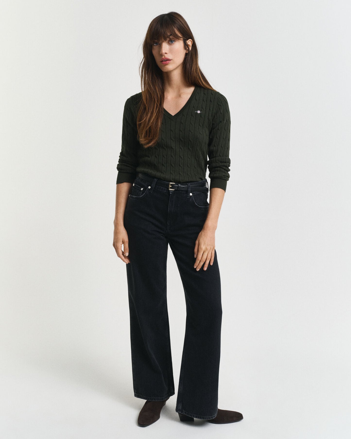 Pull Col V en Tricot Torsadé de Coton Extensible