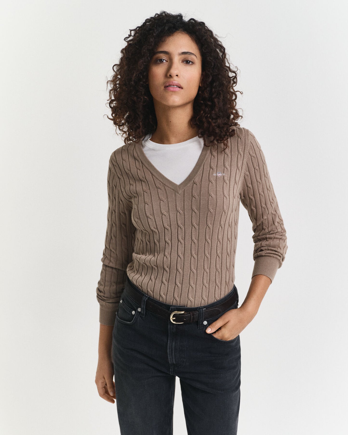 Pull Col V en Tricot Torsadé de Coton Extensible