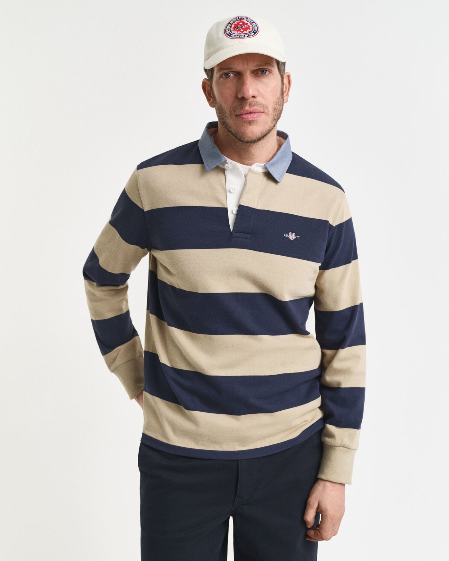 Polo rugby lourd rayé à col chambray
