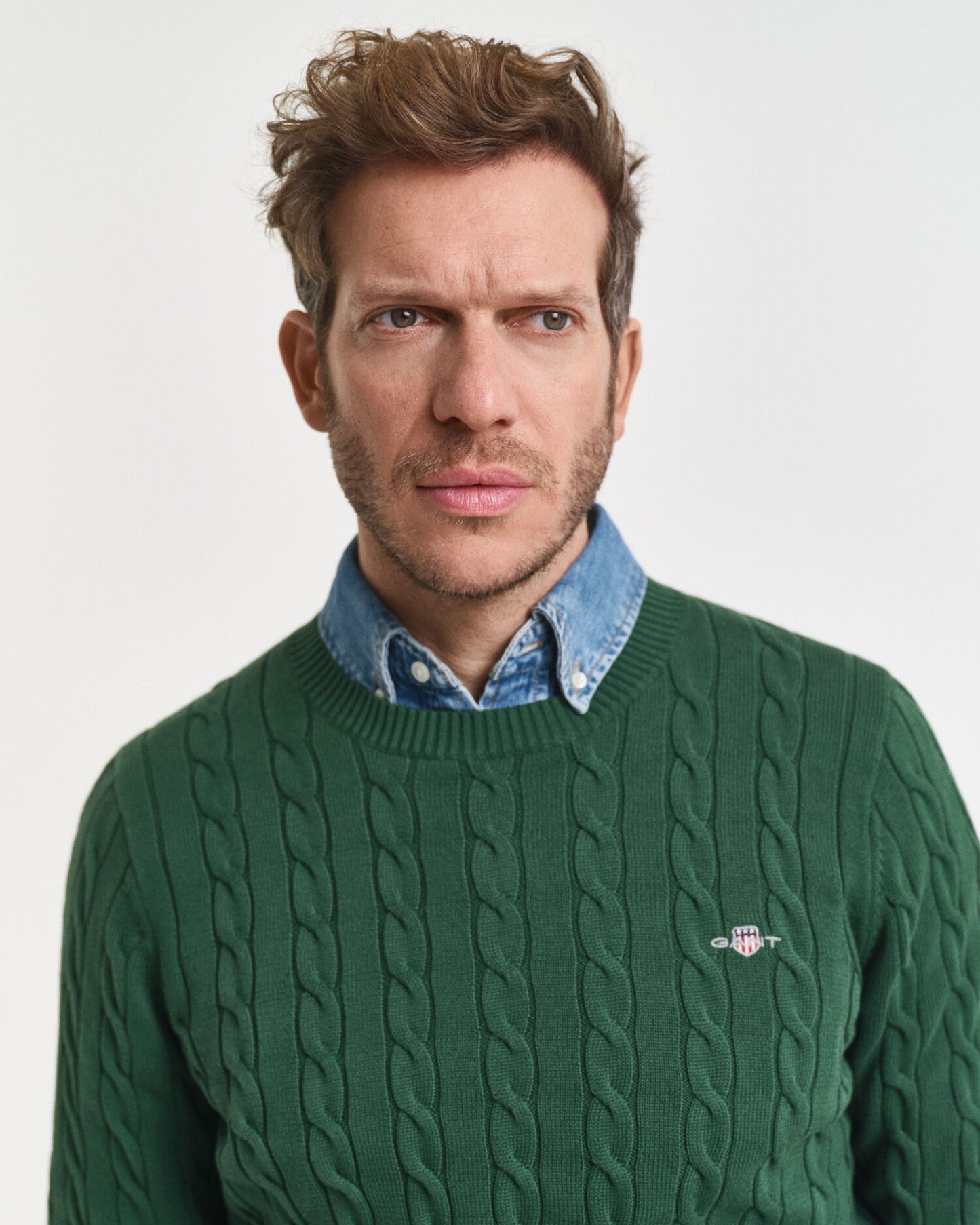 Baumwoll-Zopfstrickpullover mit Rundhalsausschnitt