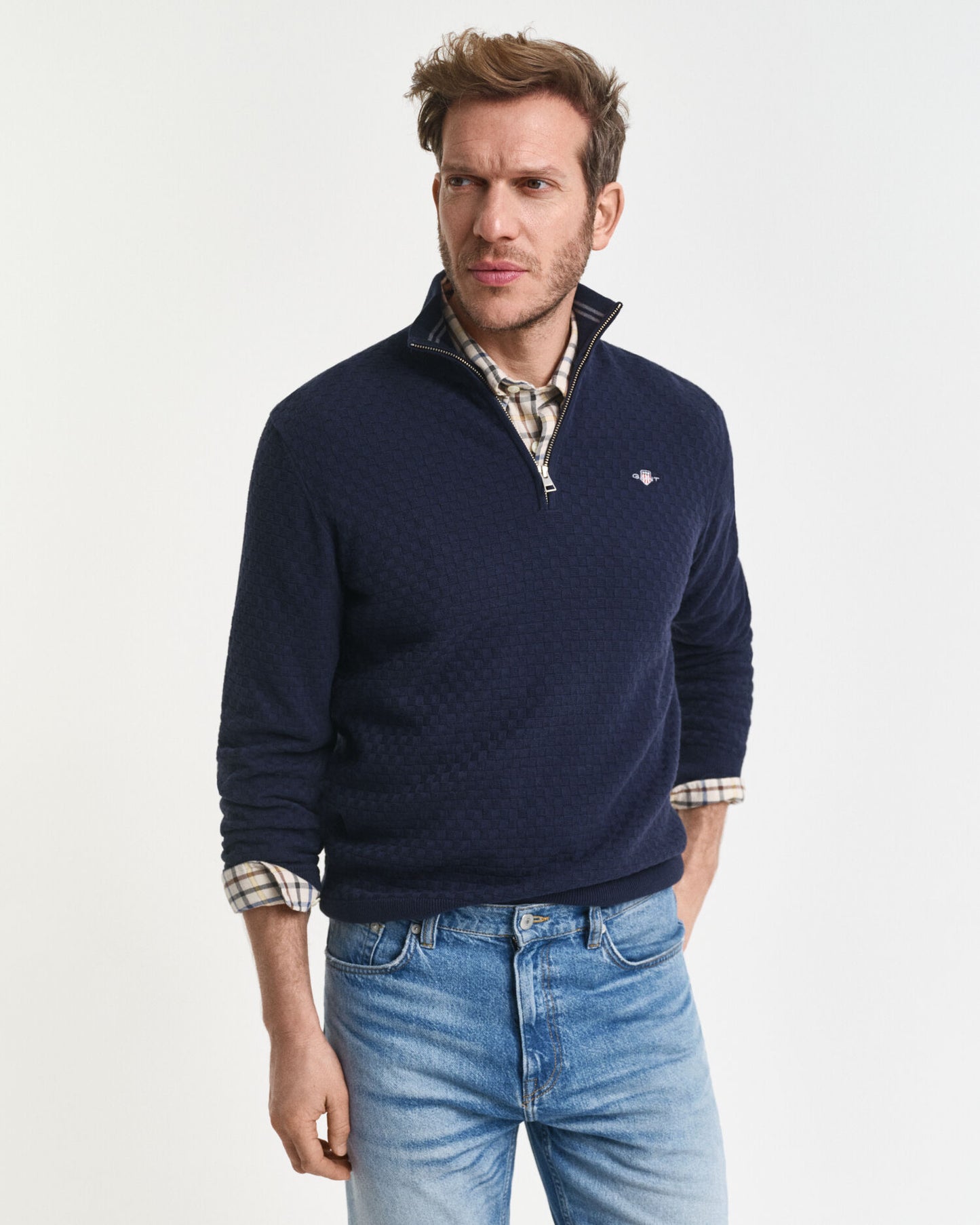 Pull demi-zip micro-texturé
