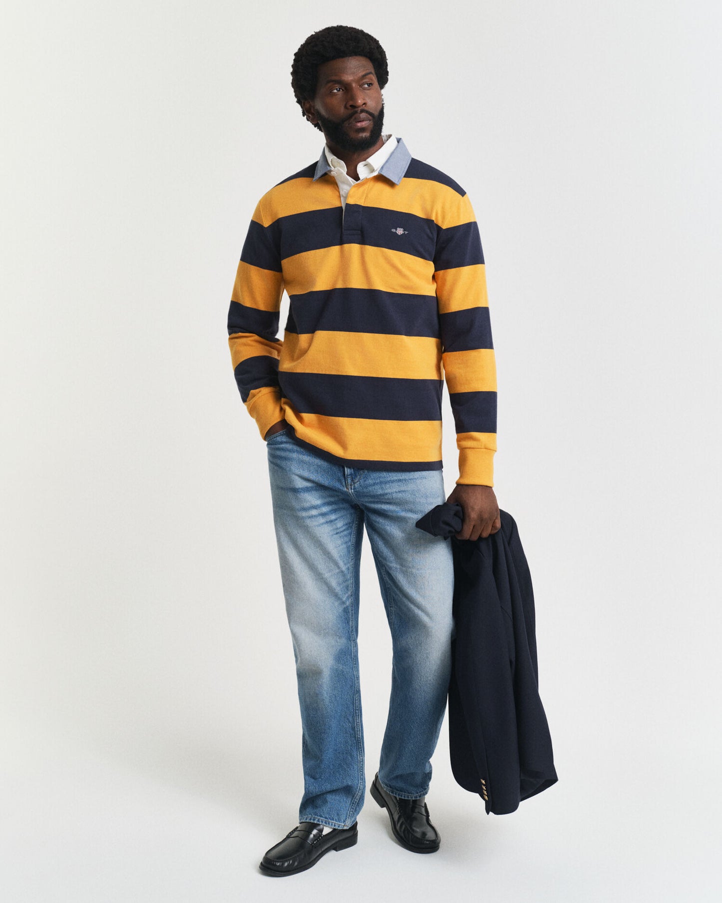 Polo rugby lourd rayé à col chambray