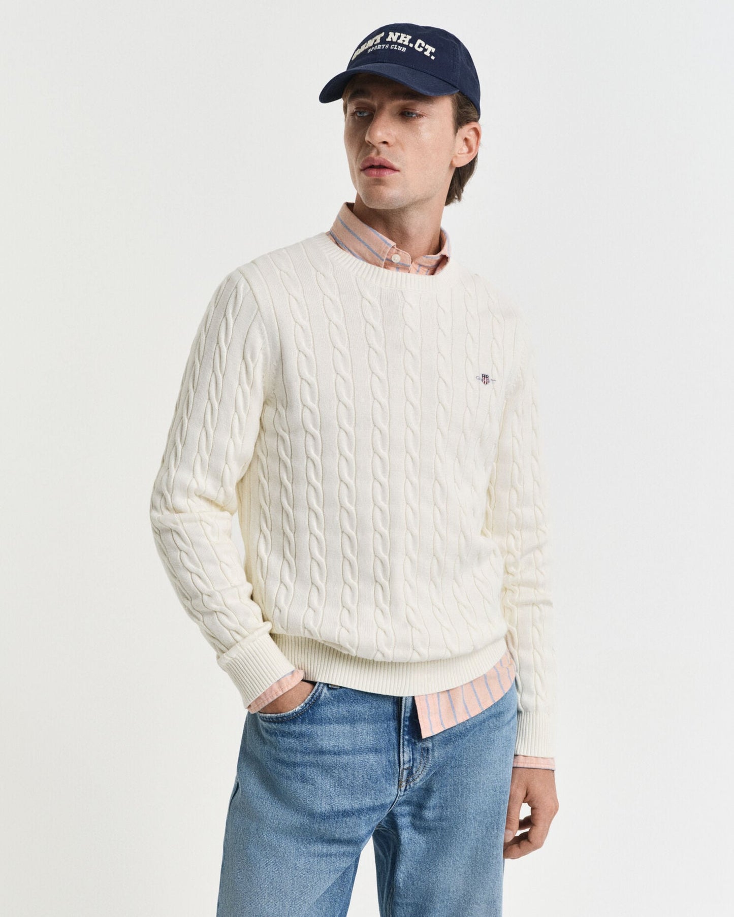 Pull col rond en maille torsadée de coton