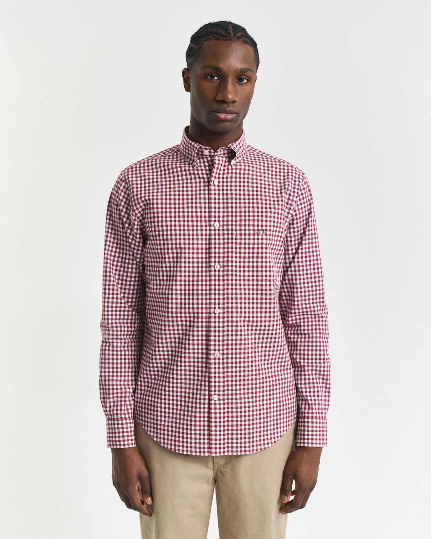 Chemise en popeline de coton à carreaux Gingham coupe droite